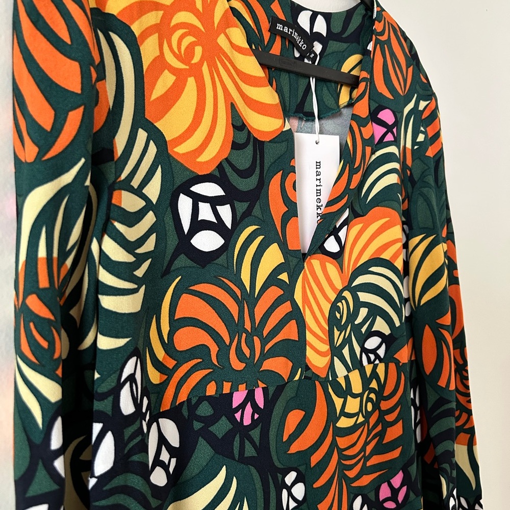 Marimekko Green and Orange Long Sleeve V-Neck Sundress